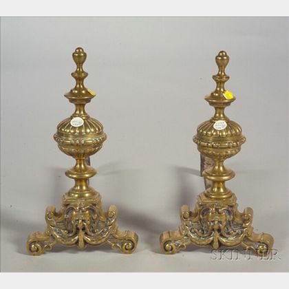 Pair of Baroque Revival Brass Andirons