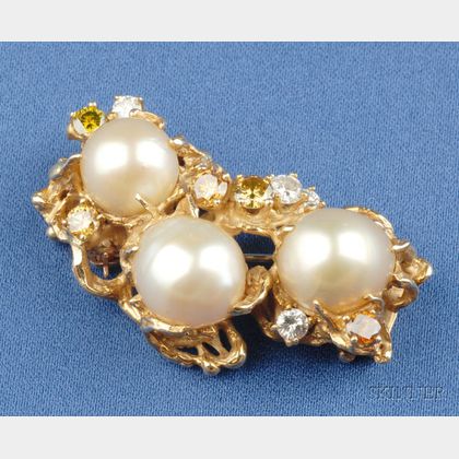 18kt Gold, Cultured Pearl, Colored Diamond, and Diamond Brooch, Arthur King
