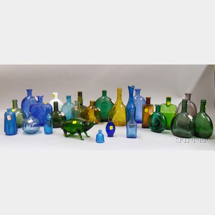Twenty-six Mostly Reproduction Colored Glass Bottles and Flasks. 