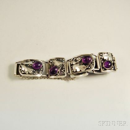 Laurence Foss Arts & Crafts Amethyst and Sterling Silver Bracelet