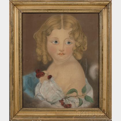 American School, 19th Century Portrait of a Young Girl Holding a Bunch of Cherries.