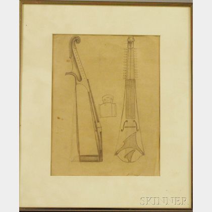 Two Framed Drawings: Attributed to Frederick Judd Waugh (American, 1861-1940),Sketch of a Viol with Sympathetic Strings