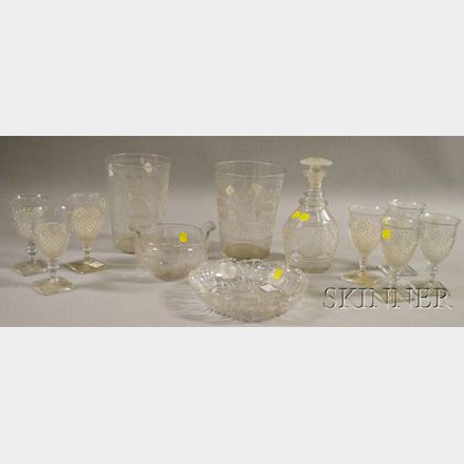Four Colorless Cut and Etched Glass Items and Seven Pressed Pattern Glass Goblets