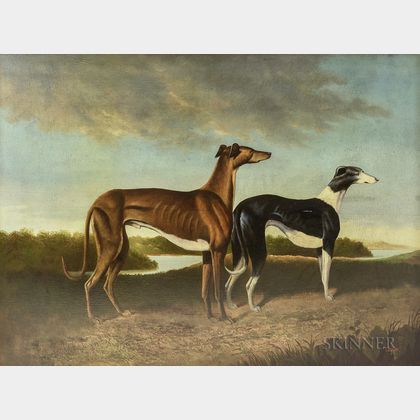 American School, 20th Century Two Whippets in a Landscape