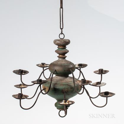 Turned and Blue-painted Wood and Iron Chandelier