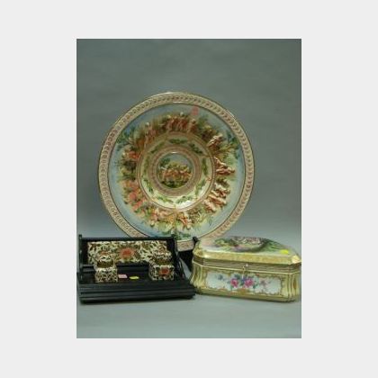 Capo di Monte Charger, a Handpainted Porcelain Dresser Box and a English Imari-style