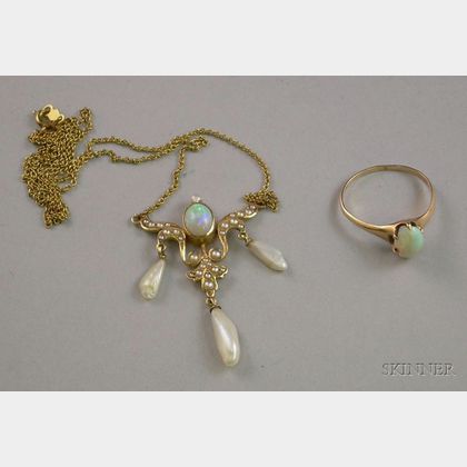 14kt Gold Art Nouveau Opal and Freshwater Pearl Necklace and an English Gold and Opal Ring. 