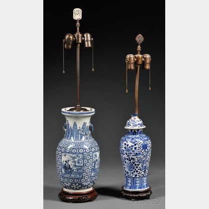 Two Chinese Blue and White Porcelain Lamp Bases
