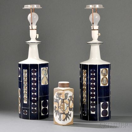 Pair of Royal Copenhagen Lamps and a Vase 
