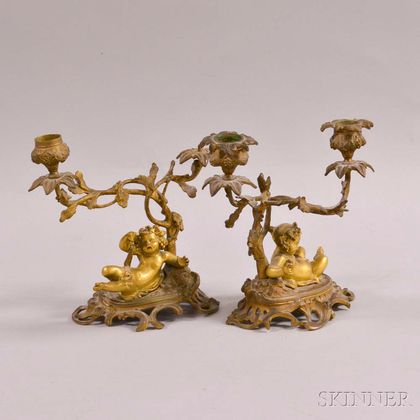 Pair of Gilt-bronze Cherub-form Two-light Candelabra