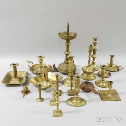 Group of Brass Candlesticks, Tapersticks, and Chambersticks