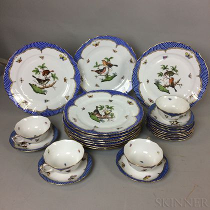 Twenty-five Pieces of Herend "Blue Rothschild Bird" Porcelain Tableware. Estimate $400-600