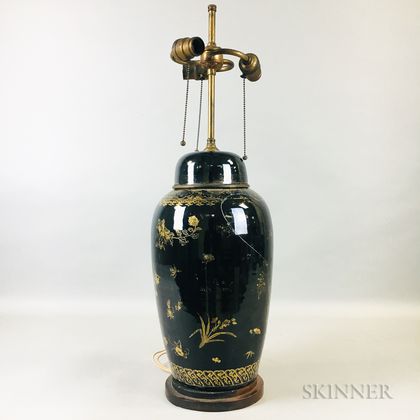 Large Gilt Mirror Black-glazed Lamp Vase
