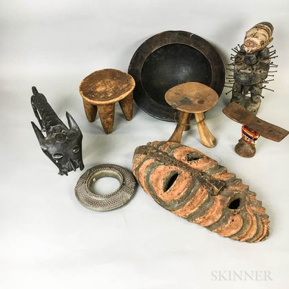 Nine African Carved Wood and Metal Items
