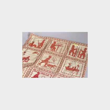 French Turkey Red Military Themed Cross-stitch Textile