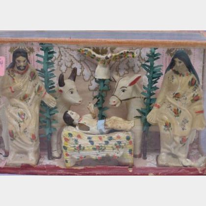 Cased Wax Figural Nativity Scene. 