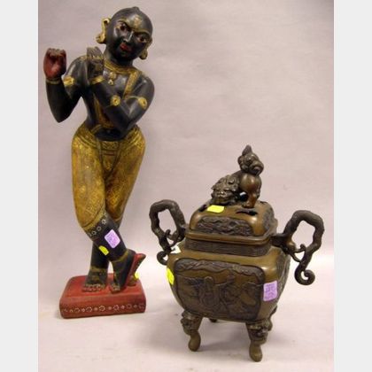 Japanese Bronze Incense Burner and an Asian Painted Stone Figure. 