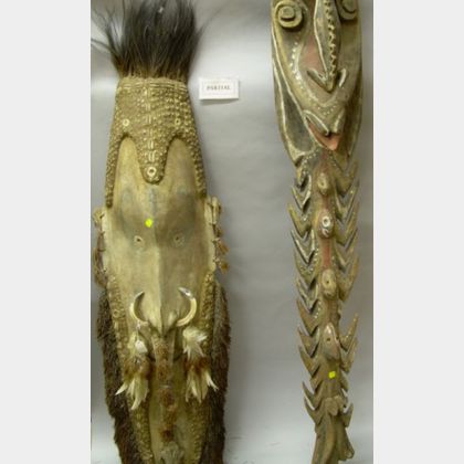 Two Large New Guinea Carved, Painted, and Embellished Wooden Masks and a Carved Wooden Sculpture. 