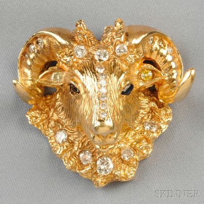 14kt Gold, Colored Diamond, and Diamond Ram's Head Pendant/Brooch