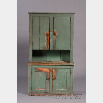 Blue-green-painted Pine Step-back Cupboard