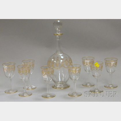 Nine-piece Late Victorian Gilt and Enamel-decorated Colorless Glass Cordial Set. 