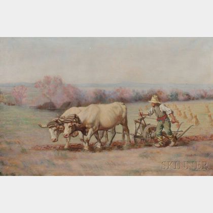 Myron Ward (American, 19th/20th Century) Plowing with Oxen.