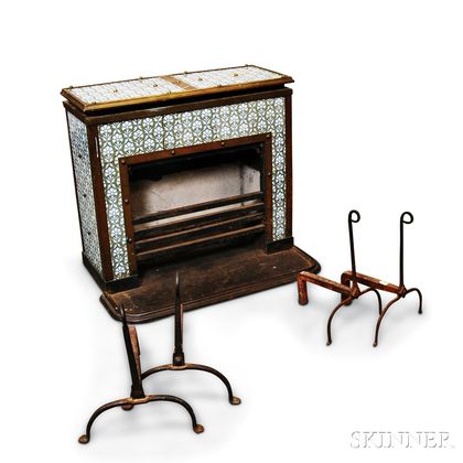 Brass-mounted and Tile Stove and Two Pairs of Wrought Iron Andirons. Estimate $300-500
