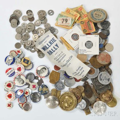 Group of U.S. Sales Tax Tokens, Street Car Tokens, Campaign Memorabilia, and Badges