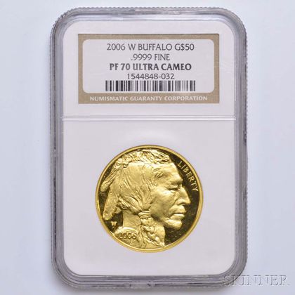 2006-W $50 One-ounce Gold Buffalo, NGC PF70 Ultra Cameo. Estimate $1,200-1,500