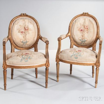 Pair of Louis XVI-style Tapestry-upholstered Fauteuils
