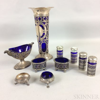 Ten Sterling, Silver-plate, and Cobalt Glass Tableware Items