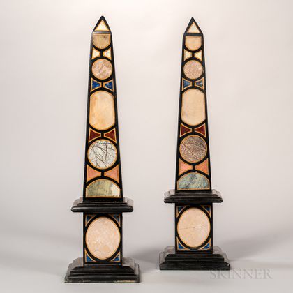 Pair of Grand Tour-style Marble Inlaid Obelisks