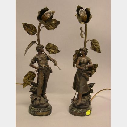 Pair of Art Nouveau Patinated Metal Figural Faneuse and Faucheur Table Lamps. 