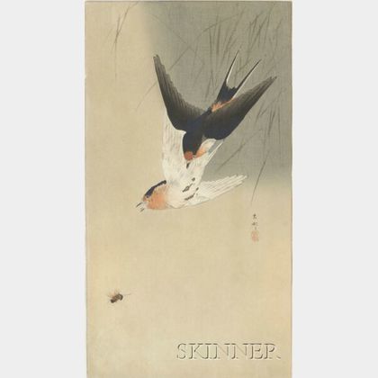 Ohara Shoson: A Pair of Swallows Diving for a Bee
