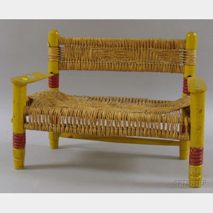 Miniature Painted Wooden Bench with Woven Rush Seat