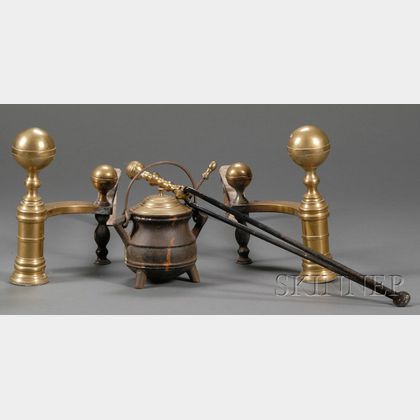 Pair of Brass and Iron Ball-top Andirons, Matching Tongs, and a Cape Cod Lighter