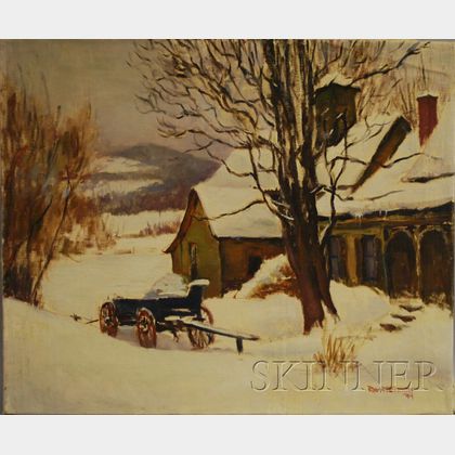 Robert J. Freiman (American, 1917-1991) Farmhouse and Wagon in Snow.