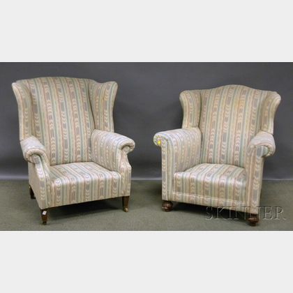 Crewel-style Upholstered Sofa and Two Chippendale-style Upholstered Wing Chairs. 