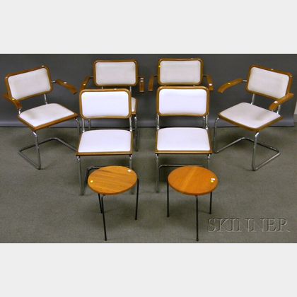 Set of Six Breuer-style Bent Tubular Steel and Upholstered Wood Chairs and a Pair of Modern Blondewood Stands with Iron Legs