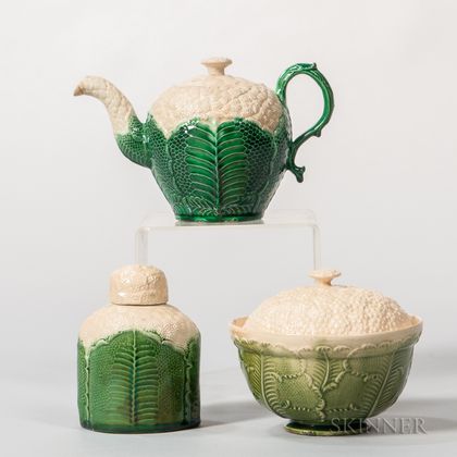 Three Staffordshire Cauliflower-decorated Creamware Tea Wares