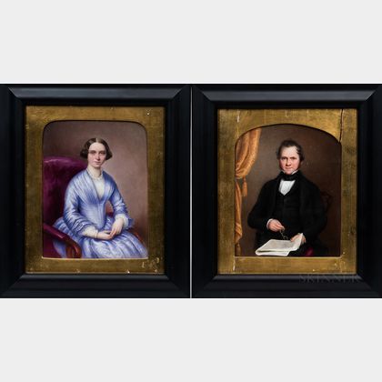 Anglo/American School, Late 19th Century Pair of Miniature Portraits of a Man and Wife