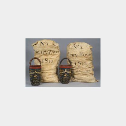 Pair of Painted Leather Fire Buckets and Two Linen Bags