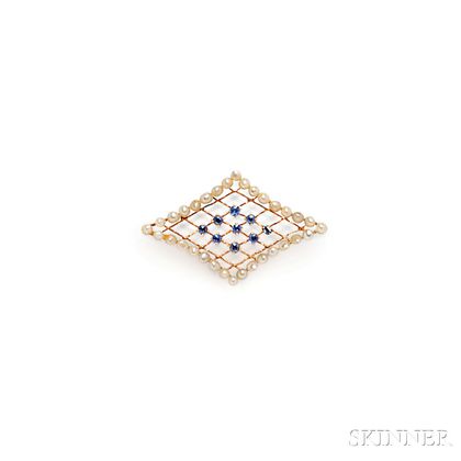 Art Nouveau 14kt Gold, Sapphire, and Pearl Brooch, Sloan & Co.