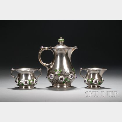Three Piece Art Nouveau-style Enameled and Amethyst-mounted Sterling Coffee Service