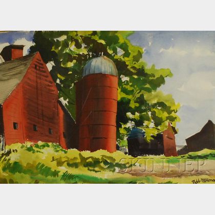 Robert J. Freiman (American, 1917-1991) Two-sided Watercolor: Red Barn Near Hunn's Lake