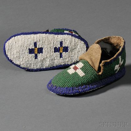 Pair of Assiniboine Fully Beaded Hide Infant's Moccasins