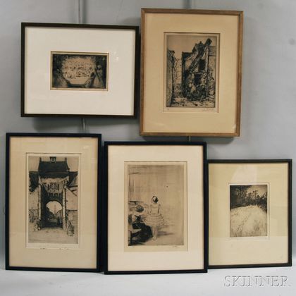 Five Framed Etchings: Winfield Scott Clime (American, 1881-1958),Edge of the Field; David Young Cameron (British, 1865-1945),A Gatewa