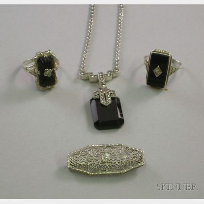 Three Art Deco 14kt White Gold and Onyx Jewelry Items