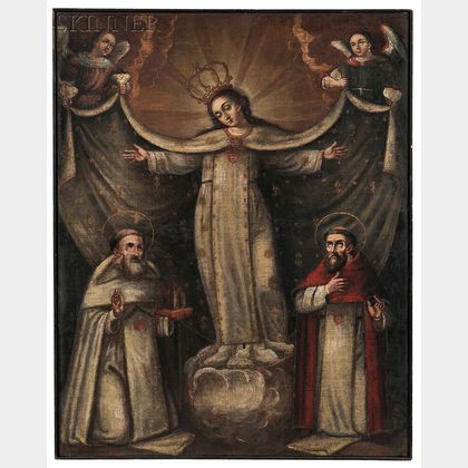 Spanish Colonial School, 18th/19th Century Vision of the Virgin Between Two Saints