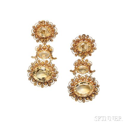 Antique Gold and Citrine Day/Night Earpendants